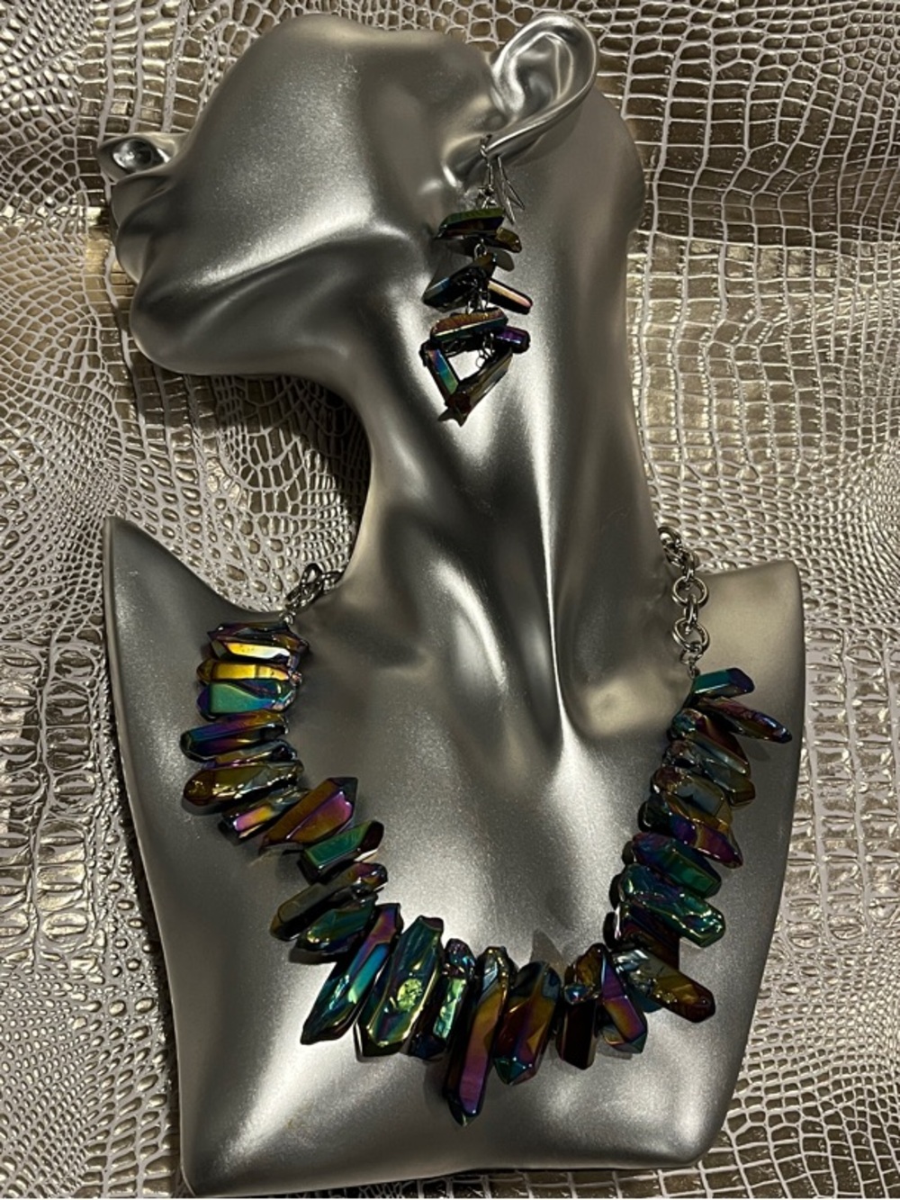 Iridescent Multicolor Crystal Spike Necklace with Matching Earrings